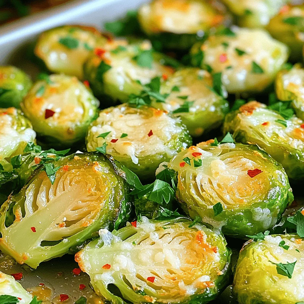 - 1 lb Brussels sprouts, trimmed and halved - 3 tablespoons olive oil - 4 cloves garlic, minced - ½ cup grated Parmesan cheese